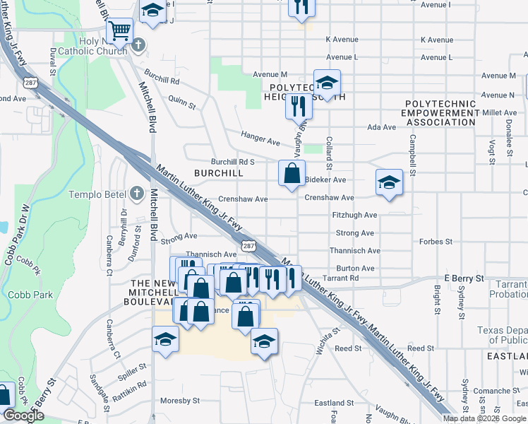 map of restaurants, bars, coffee shops, grocery stores, and more near 2928 Crenshaw Avenue in Fort Worth