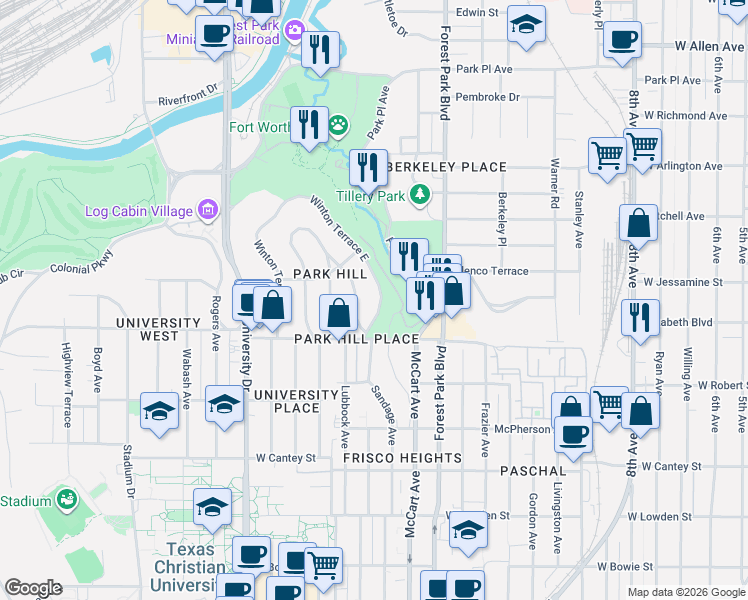 map of restaurants, bars, coffee shops, grocery stores, and more near 2428 Winton Terrace East in Fort Worth