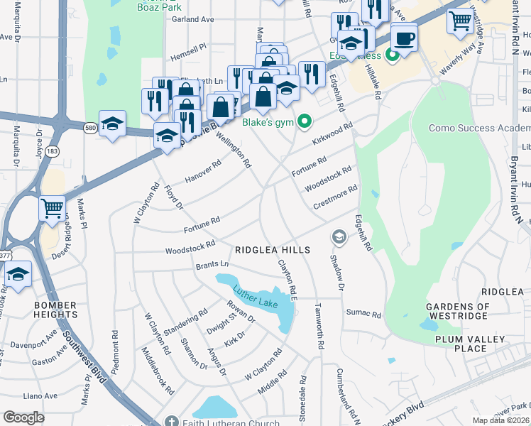 map of restaurants, bars, coffee shops, grocery stores, and more near 3858 Tamworth Road in Fort Worth
