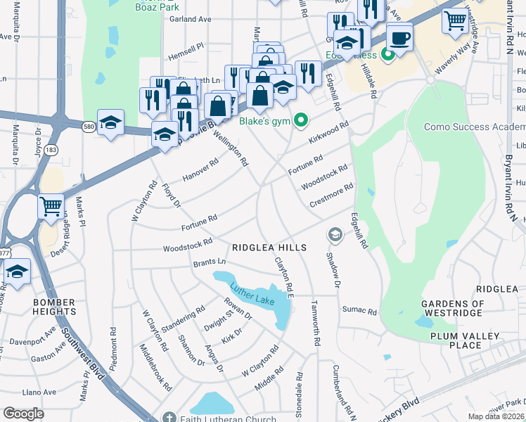 map of restaurants, bars, coffee shops, grocery stores, and more near 3858 Tamworth Road in Fort Worth