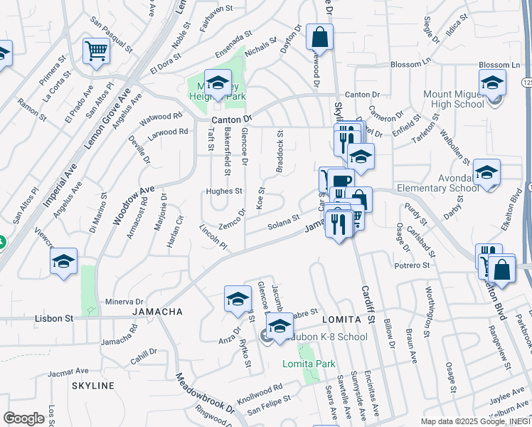 map of restaurants, bars, coffee shops, grocery stores, and more near Helm Street in San Diego