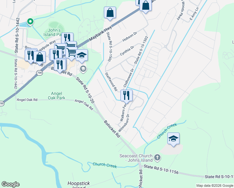 map of restaurants, bars, coffee shops, grocery stores, and more near 1932 Staffwood Road in Johns Island