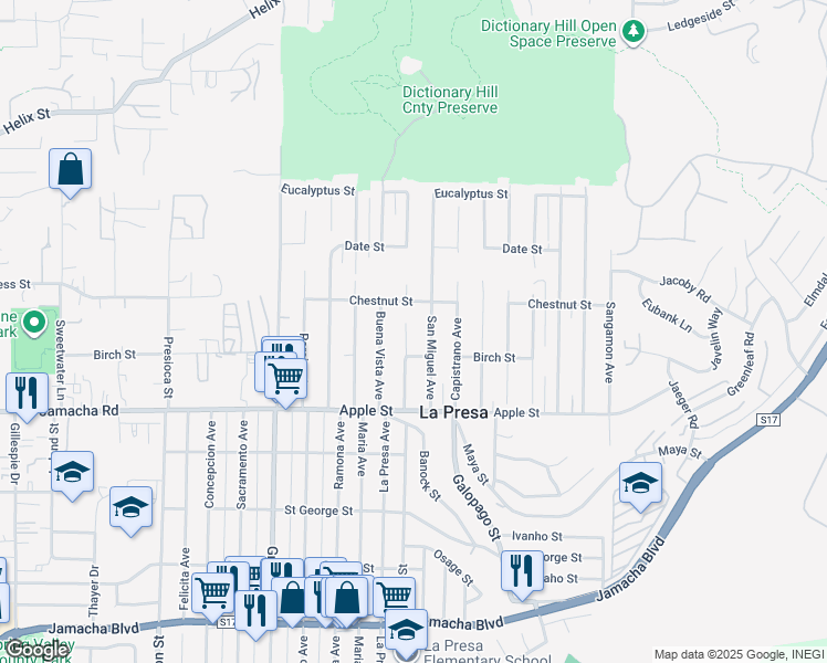 map of restaurants, bars, coffee shops, grocery stores, and more near 1239 La Presa Avenue in Spring Valley