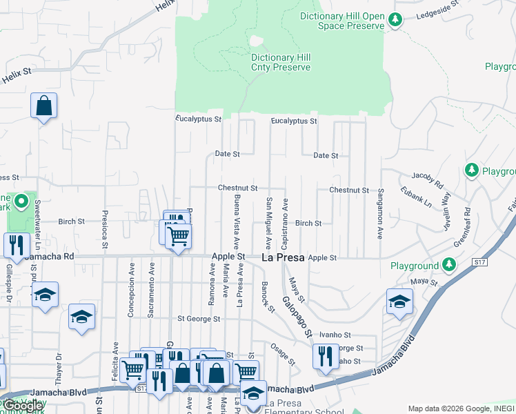 map of restaurants, bars, coffee shops, grocery stores, and more near 1239 La Presa Avenue in Spring Valley