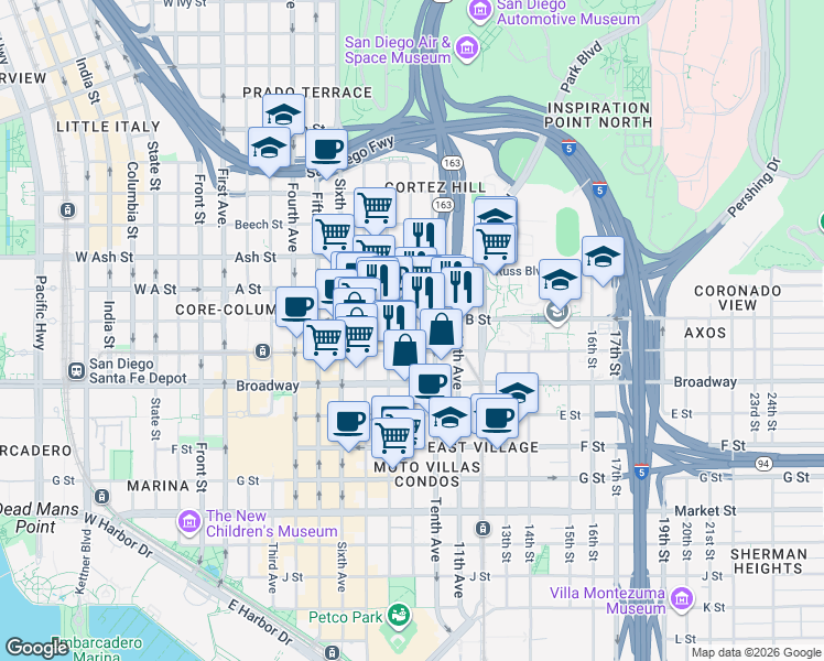 map of restaurants, bars, coffee shops, grocery stores, and more near 1160 Ninth Avenue in San Diego
