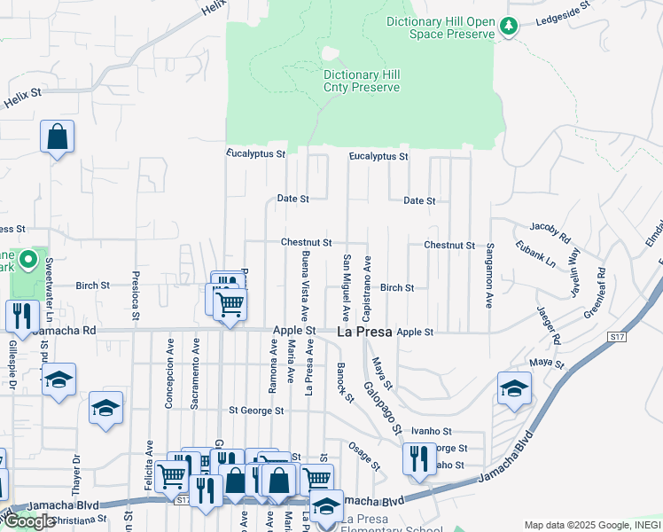 map of restaurants, bars, coffee shops, grocery stores, and more near 1239 La Presa Avenue in Spring Valley
