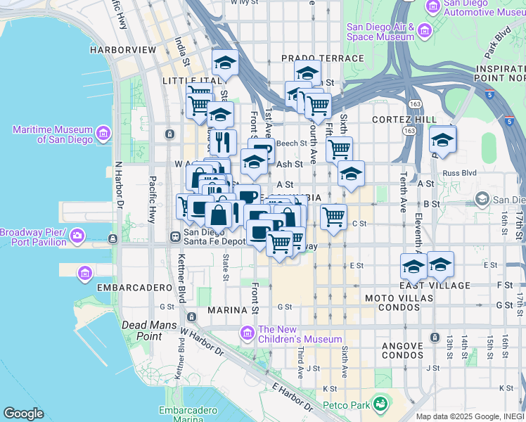 map of restaurants, bars, coffee shops, grocery stores, and more near 1173 Front Street in San Diego