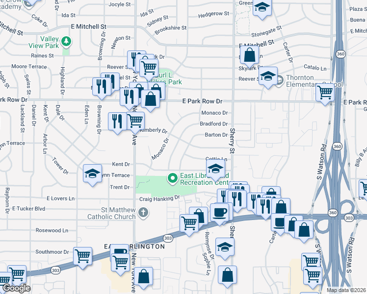 map of restaurants, bars, coffee shops, grocery stores, and more near 1702 Barton Drive in Arlington