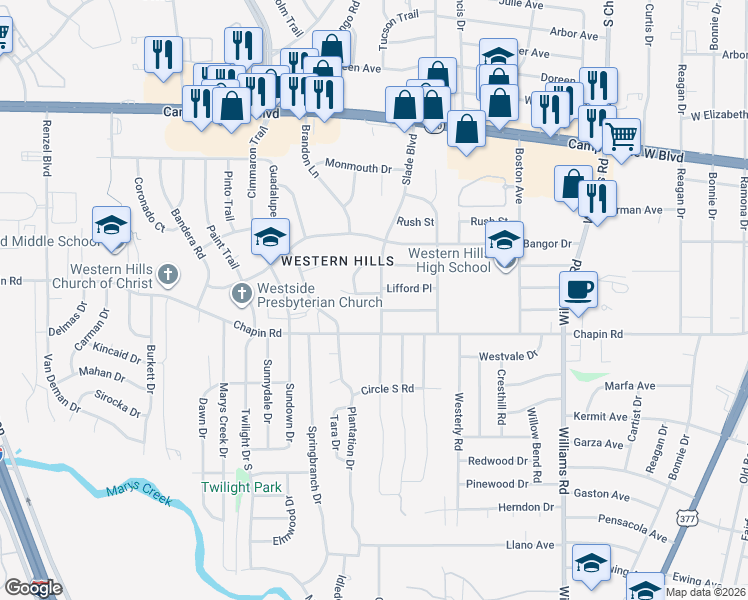 map of restaurants, bars, coffee shops, grocery stores, and more near 3720 Slade Boulevard in Fort Worth