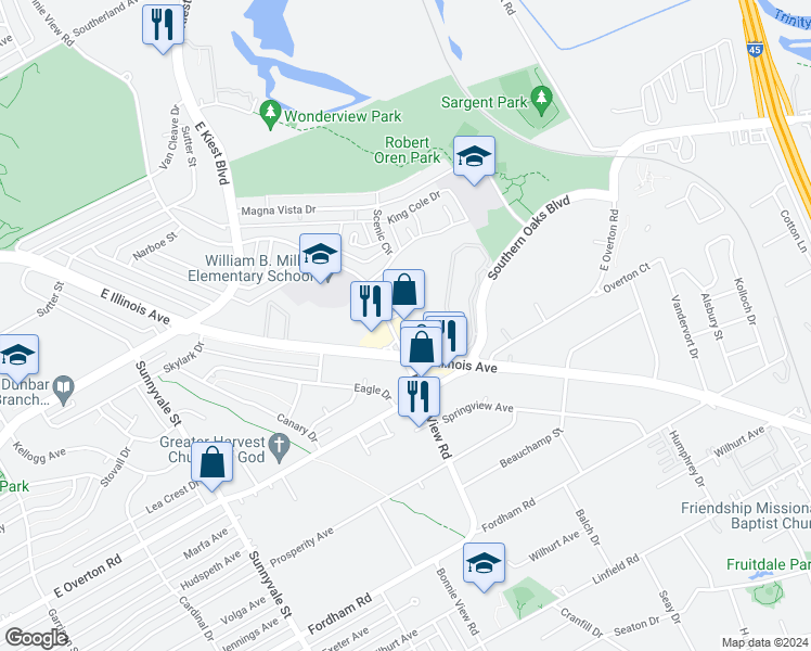 map of restaurants, bars, coffee shops, grocery stores, and more near 3428 Bonnie View Rd in Dallas