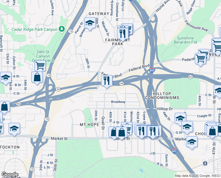 map of restaurants, bars, coffee shops, grocery stores, and more near 3981 B Street in San Diego