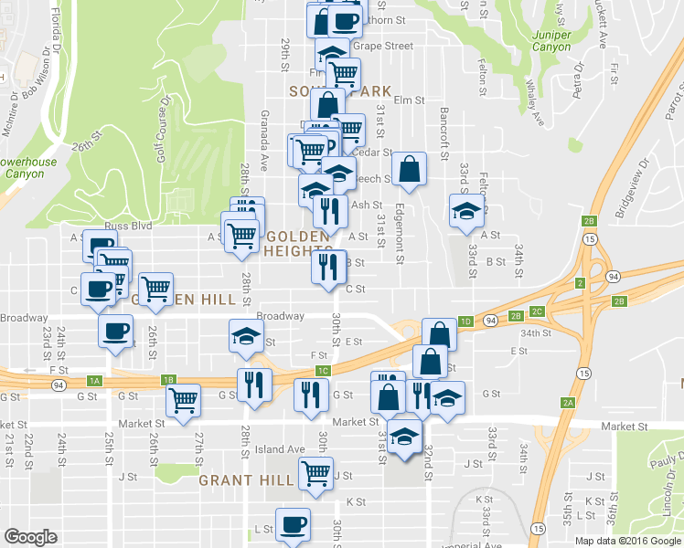 map of restaurants, bars, coffee shops, grocery stores, and more near in San Diego