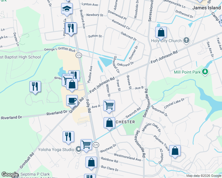 map of restaurants, bars, coffee shops, grocery stores, and more near 1310 Witter Street in Charleston