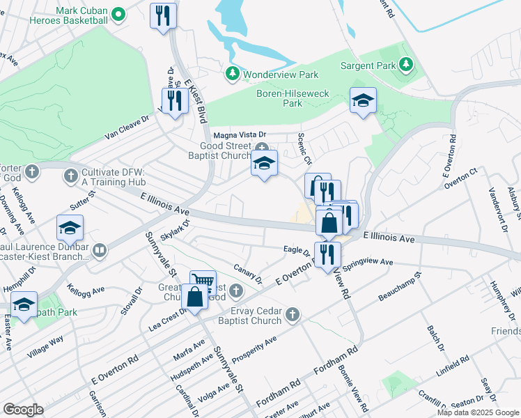map of restaurants, bars, coffee shops, grocery stores, and more near 2719 East Illinois Avenue in Dallas