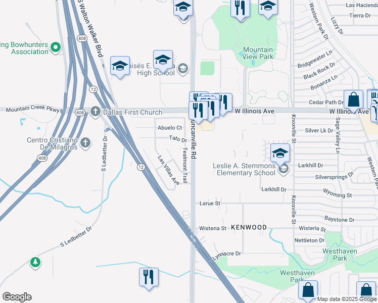map of restaurants, bars, coffee shops, grocery stores, and more near 2604 Tealmont Trail in Dallas
