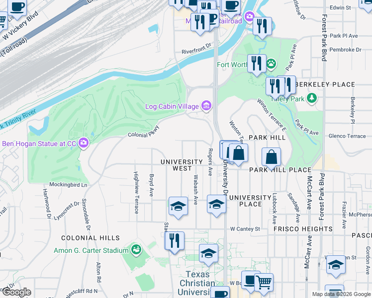 map of restaurants, bars, coffee shops, grocery stores, and more near 3209 Avondale Avenue in Fort Worth