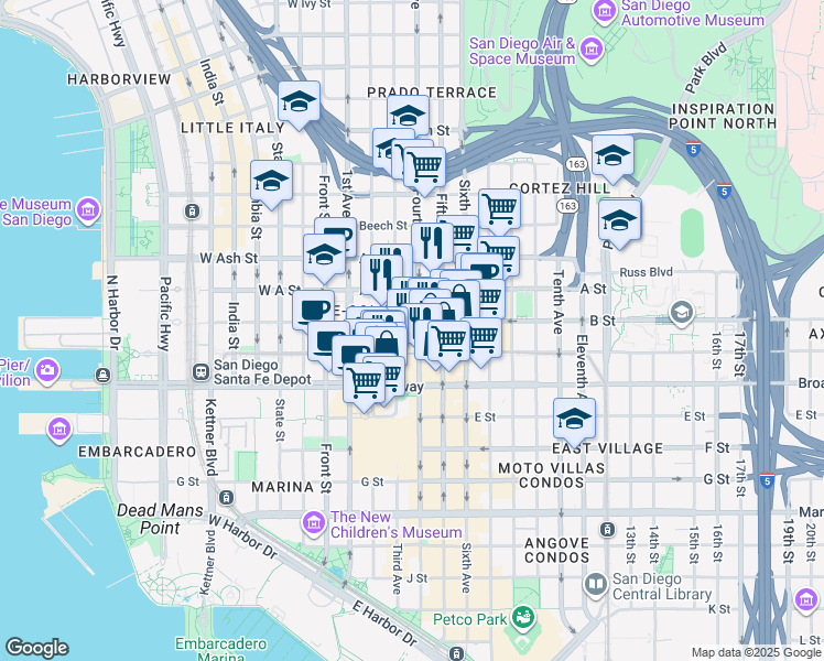 map of restaurants, bars, coffee shops, grocery stores, and more near 320 B Street in San Diego