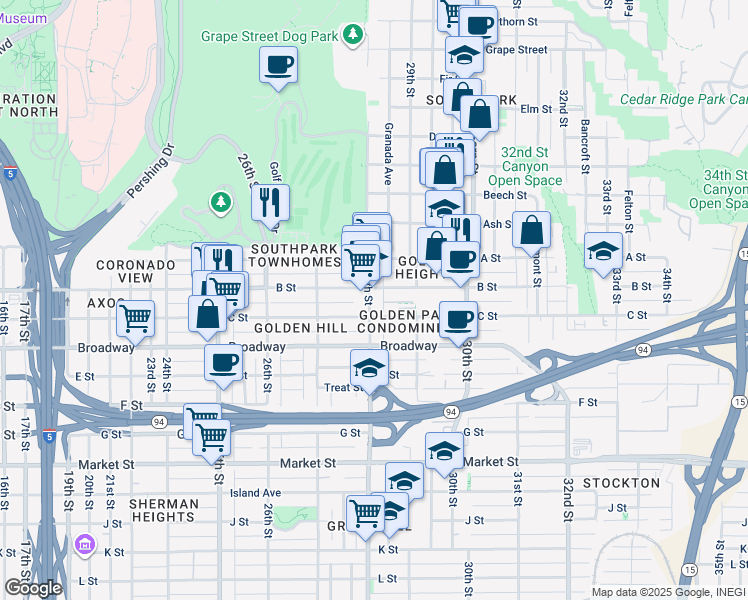 map of restaurants, bars, coffee shops, grocery stores, and more near 1145 28th Street in San Diego
