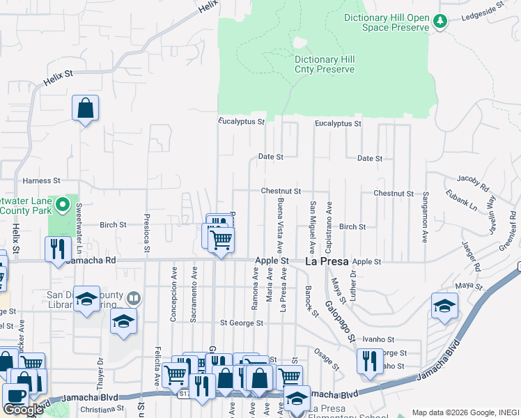 map of restaurants, bars, coffee shops, grocery stores, and more near 1232 Maria Avenue in Spring Valley