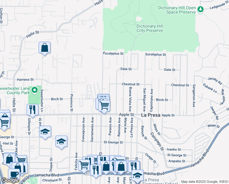 map of restaurants, bars, coffee shops, grocery stores, and more near 1230 Ramona Avenue in Spring Valley