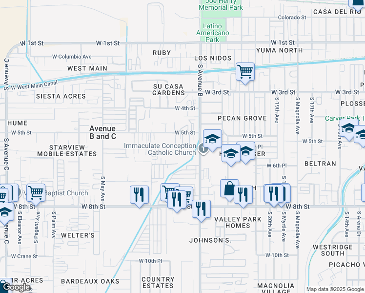 map of restaurants, bars, coffee shops, grocery stores, and more near 2630 West Nicole Lane in Yuma