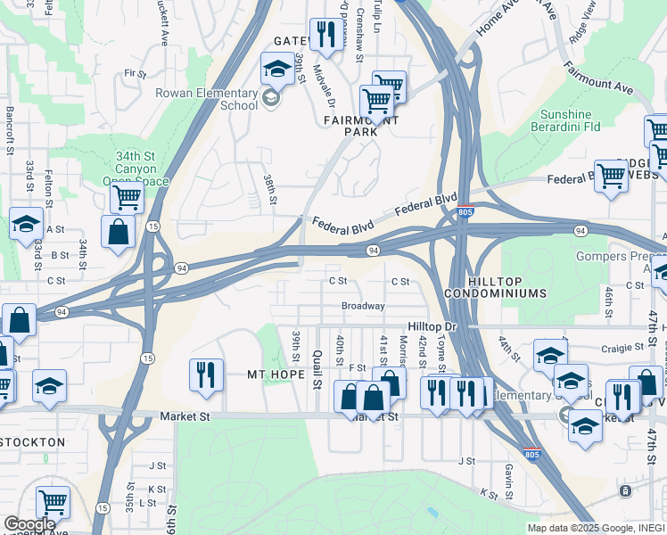 map of restaurants, bars, coffee shops, grocery stores, and more near 3967 B Street in San Diego