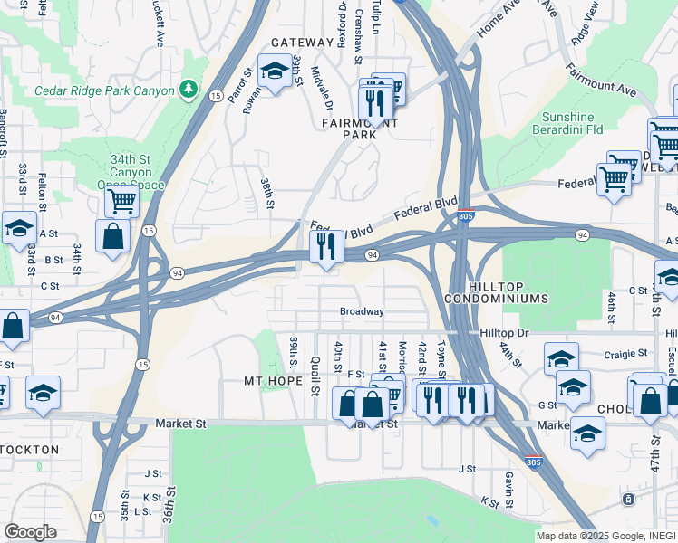 map of restaurants, bars, coffee shops, grocery stores, and more near 3981 B Street in San Diego