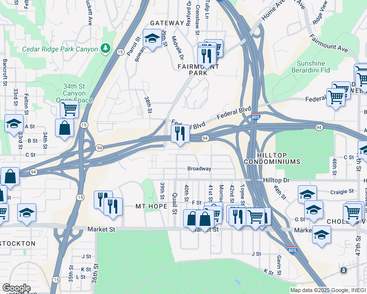map of restaurants, bars, coffee shops, grocery stores, and more near 3967 B Street in San Diego