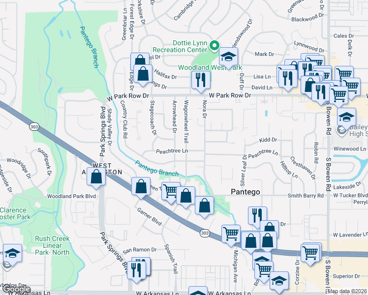 map of restaurants, bars, coffee shops, grocery stores, and more near 1707 Arrowhead Drive in Pantego