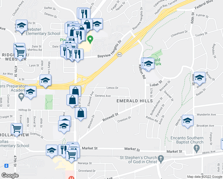 map of restaurants, bars, coffee shops, grocery stores, and more near 5395 Lenox Drive in San Diego