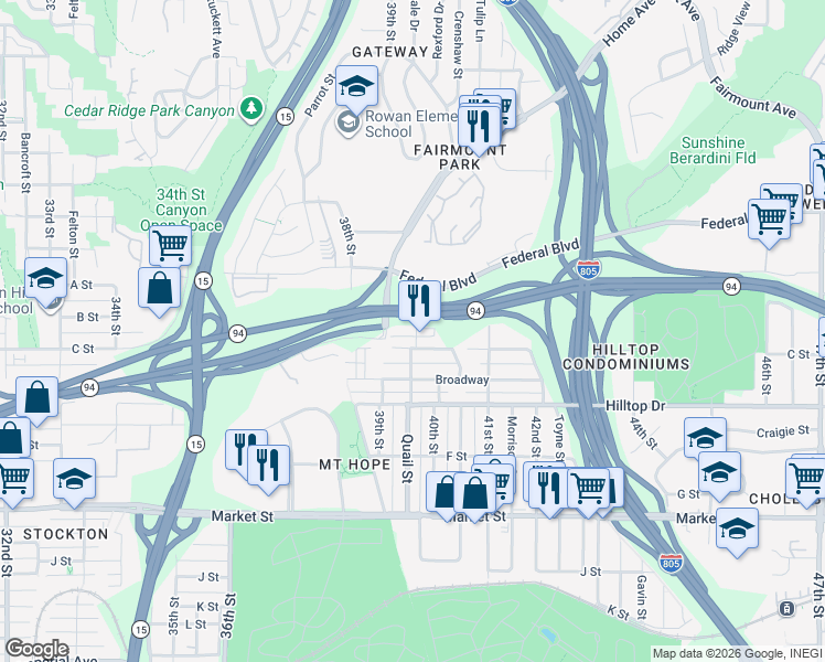 map of restaurants, bars, coffee shops, grocery stores, and more near 1120 Quail Street in San Diego