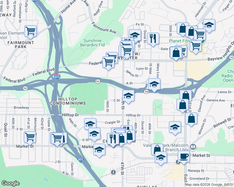 map of restaurants, bars, coffee shops, grocery stores, and more near 1235 Cotton Street in San Diego