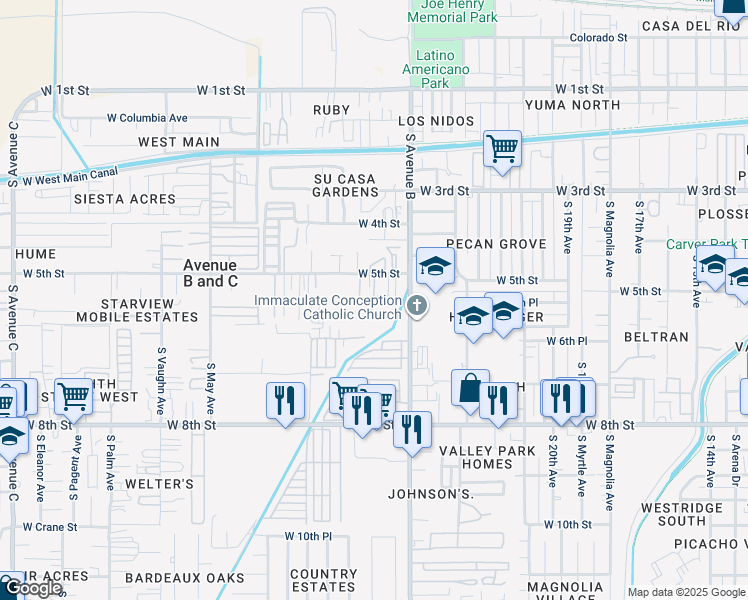 map of restaurants, bars, coffee shops, grocery stores, and more near 2645 West Nicole Lane in Yuma
