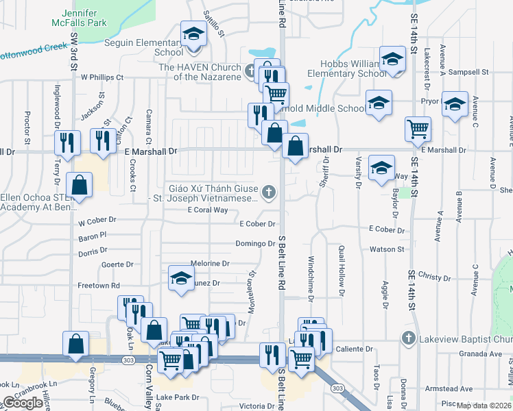 map of restaurants, bars, coffee shops, grocery stores, and more near 522 East Coral Way in Grand Prairie