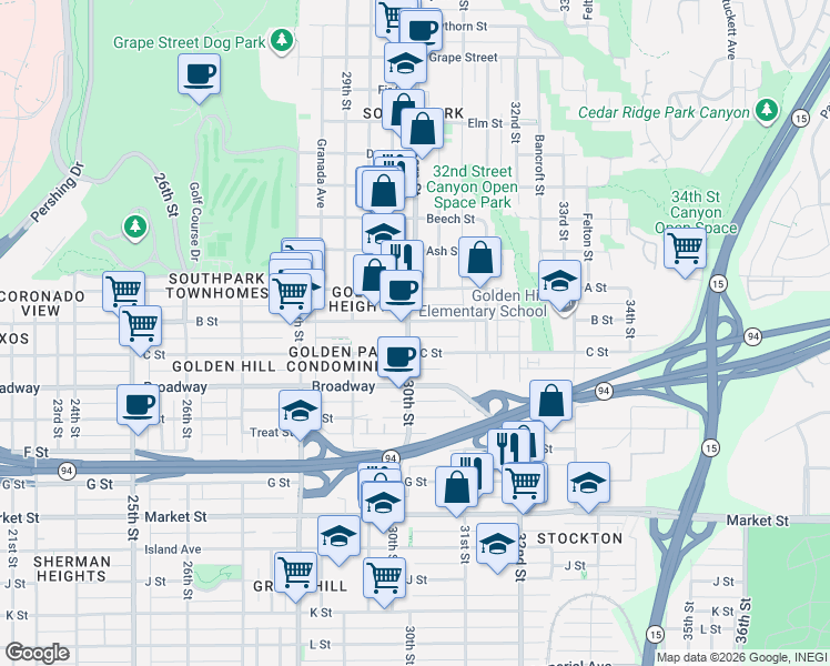 map of restaurants, bars, coffee shops, grocery stores, and more near in San Diego