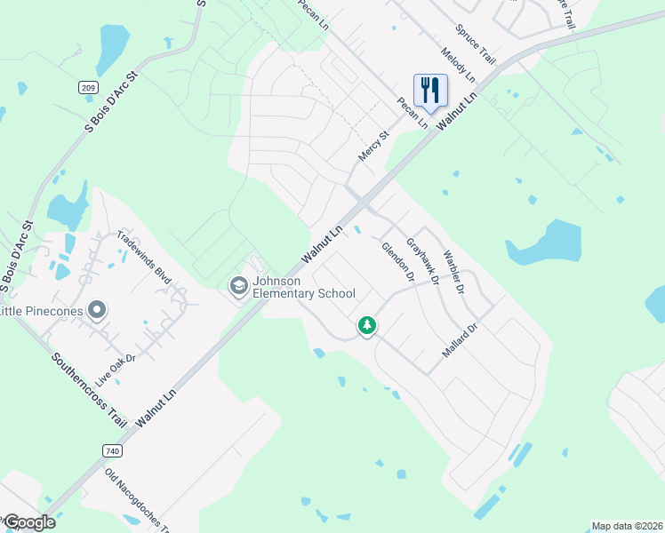 map of restaurants, bars, coffee shops, grocery stores, and more near 1108 Chickadee drive in Forney