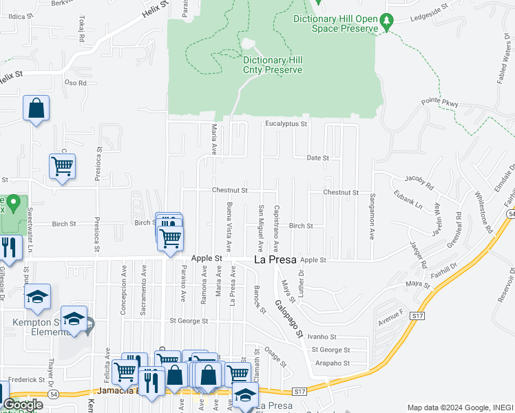 map of restaurants, bars, coffee shops, grocery stores, and more near 1304 San Miguel Avenue in Spring Valley