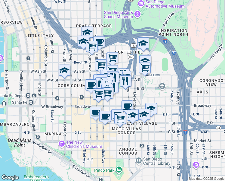 map of restaurants, bars, coffee shops, grocery stores, and more near 750 B Street in San Diego