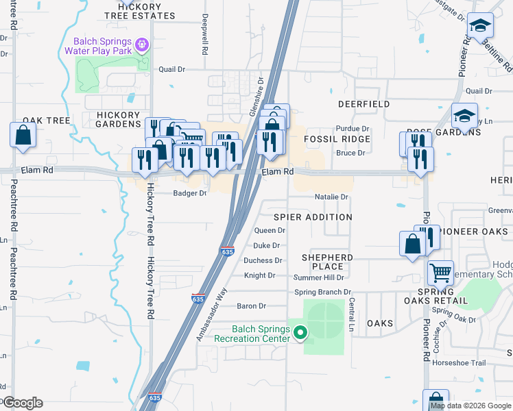 map of restaurants, bars, coffee shops, grocery stores, and more near 3733 Ambassador Way in Balch Springs