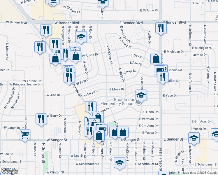 map of restaurants, bars, coffee shops, grocery stores, and more near 101 E Alto Dr in Hobbs