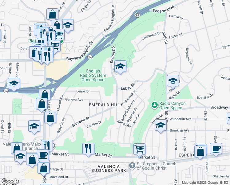 map of restaurants, bars, coffee shops, grocery stores, and more near 1152 Kelton Road in San Diego