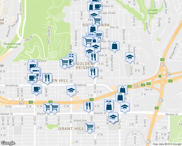 map of restaurants, bars, coffee shops, grocery stores, and more near 2956 1/2 B Street in San Diego