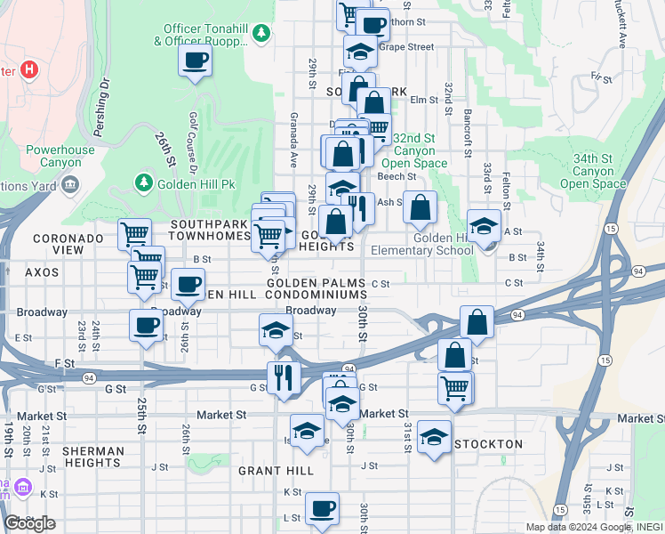map of restaurants, bars, coffee shops, grocery stores, and more near 2956 1/2 B Street in San Diego