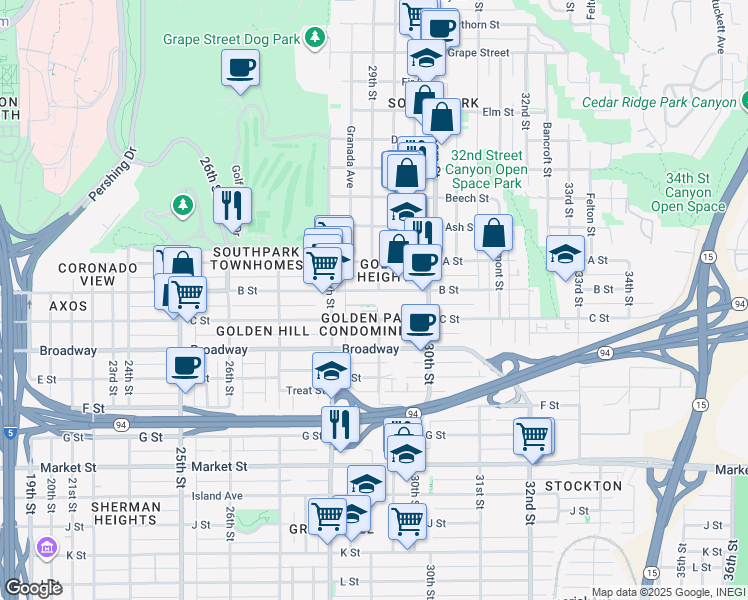 map of restaurants, bars, coffee shops, grocery stores, and more near 2874 B Street in San Diego