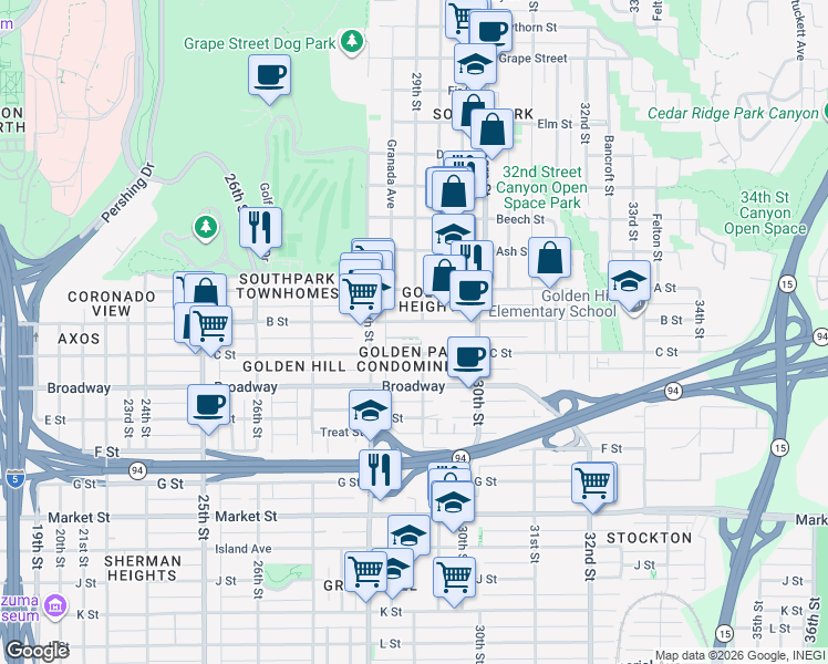 map of restaurants, bars, coffee shops, grocery stores, and more near 2874 B Street in San Diego