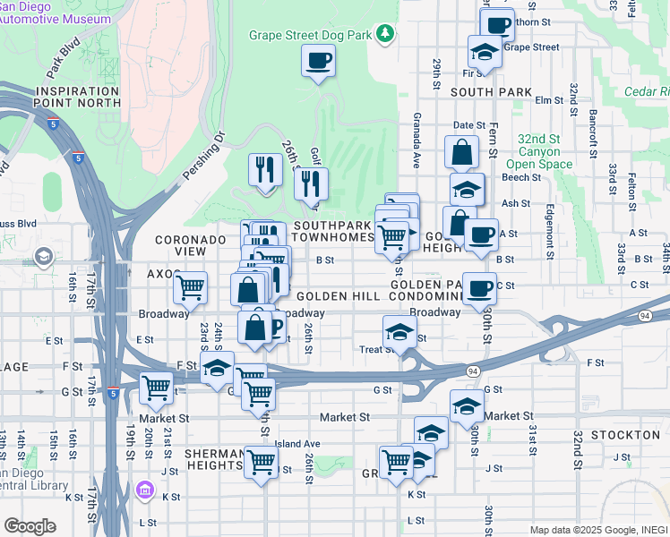 map of restaurants, bars, coffee shops, grocery stores, and more near 2672 B Street in San Diego