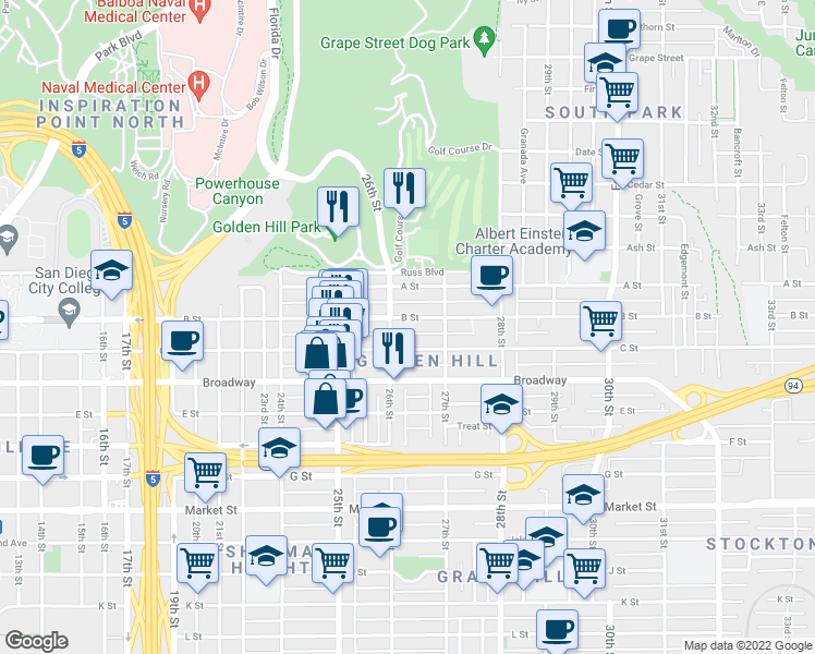 map of restaurants, bars, coffee shops, grocery stores, and more near 2608 B Street in San Diego