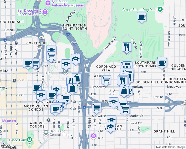 map of restaurants, bars, coffee shops, grocery stores, and more near 2021 B Street in San Diego