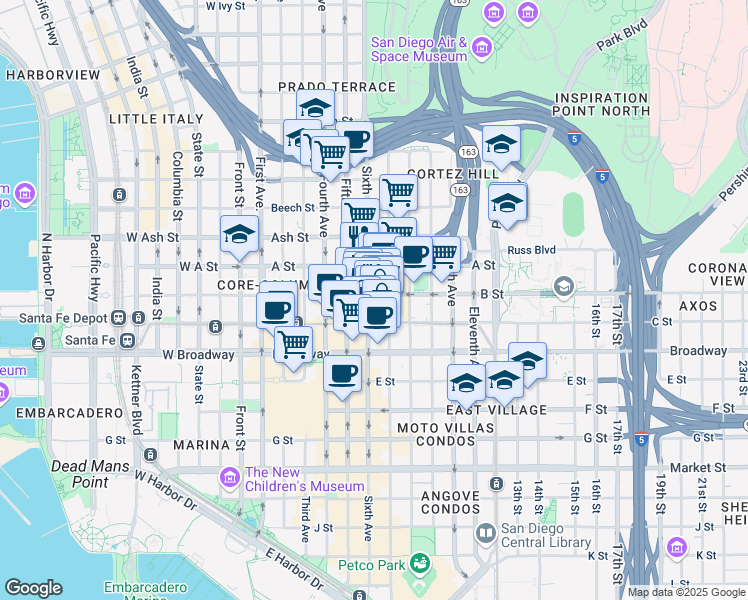 map of restaurants, bars, coffee shops, grocery stores, and more near 1203 Sixth Avenue in San Diego