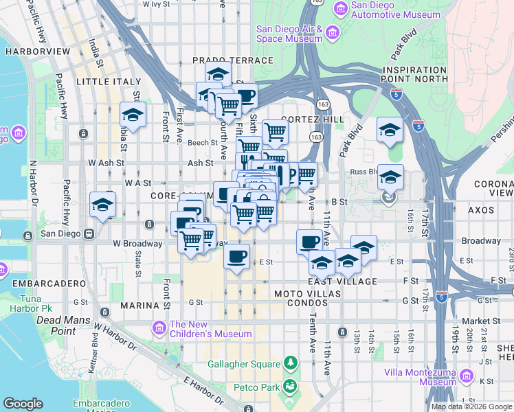 map of restaurants, bars, coffee shops, grocery stores, and more near 1203 Sixth Avenue in San Diego